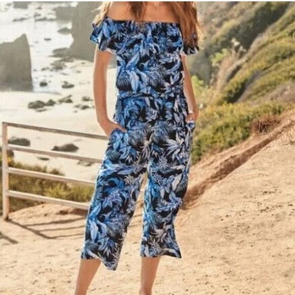 Tommy Bahama Off the Shoulder Blue Tropical Jumpsuit - Picture 3 of 9